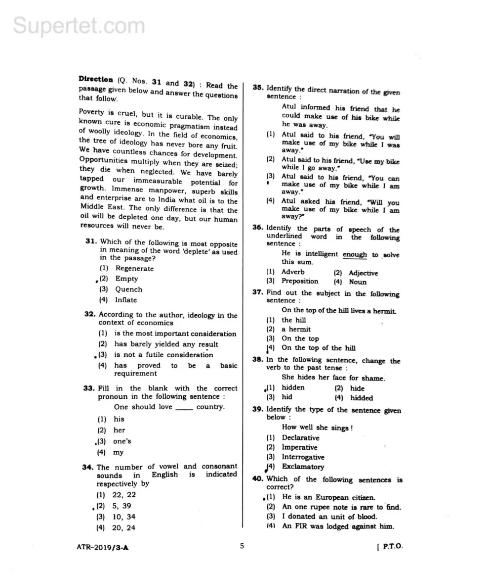 Super TET 2019 Page 5 English Section and Reading Comprehension Passage