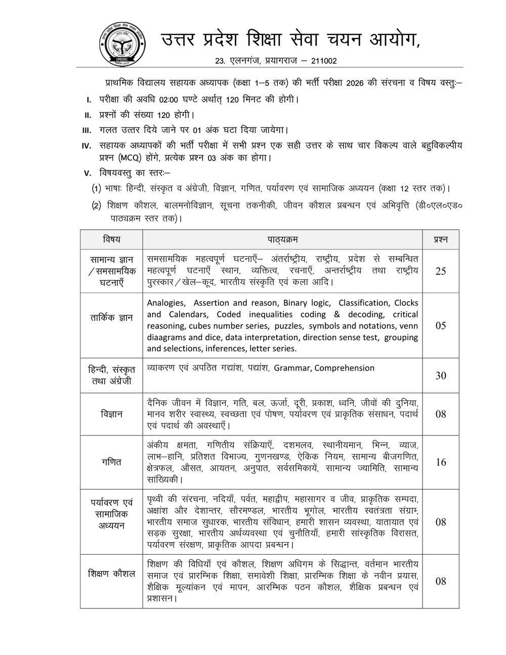 Official Super TET 2026 Primary Teacher syllabus showing subject-wise examination structure