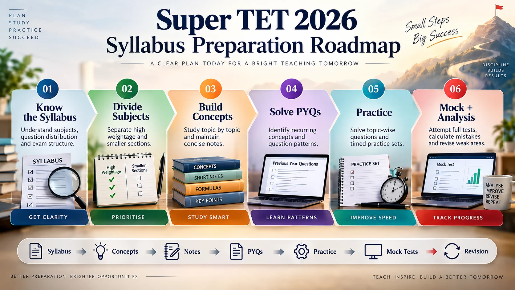 Super TET 2026 syllabus preparation roadmap detailing 6 progressive phases from syllabus analysis to mock test review