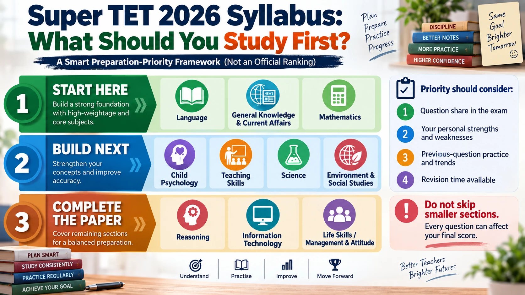 Super TET 2026 syllabus preparation priority framework showing Tier 1 foundation, Tier 2 pedagogy, and Tier 3 scoring subjects